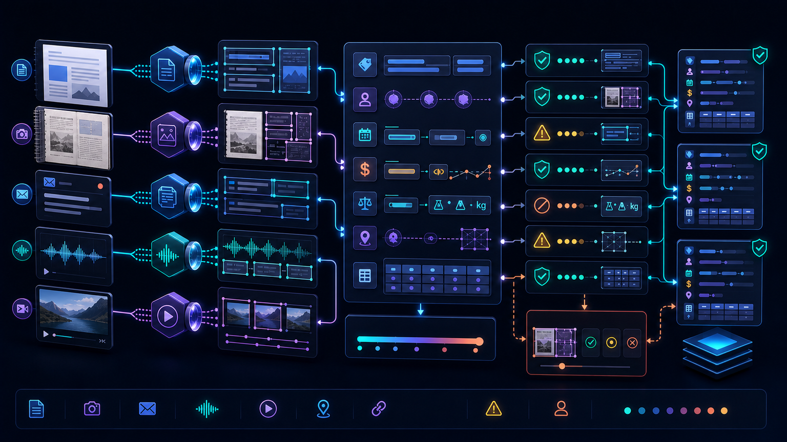 Unstructured data extraction workflow showing documents, scans, messages, audio and video passing through modality processing into typed schema fields, evidence anchors, validation gates and a human review queue