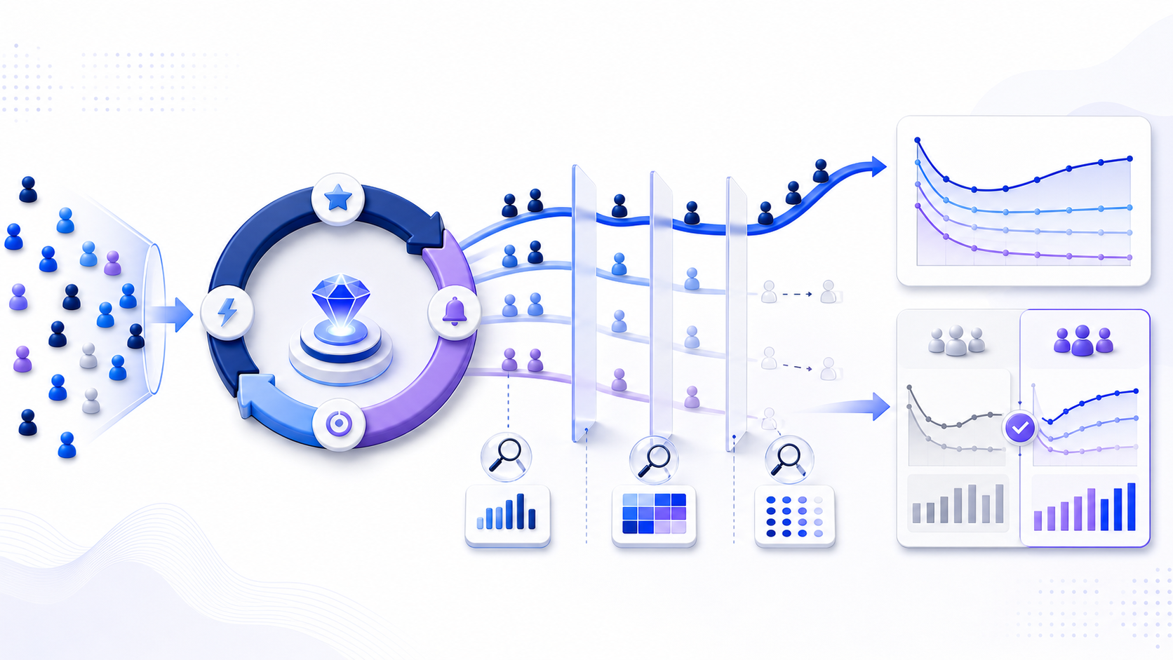 User retention lifecycle showing first value, repeat-use loops, cohort curves, friction diagnosis, and a validated improvement experiment