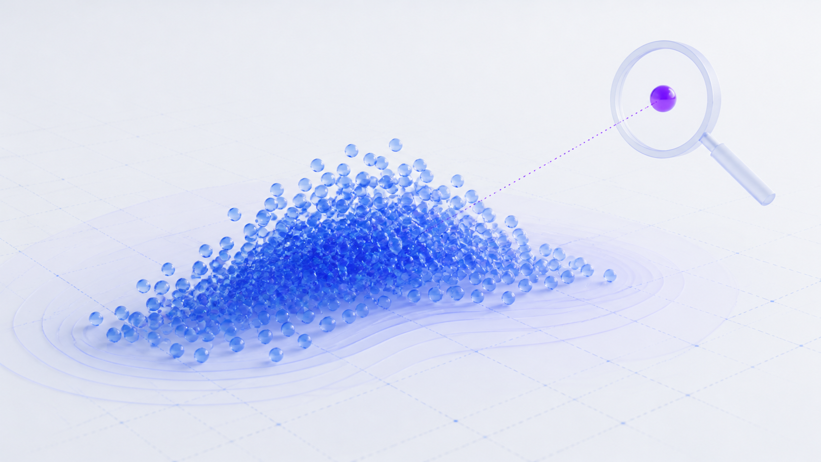 A compact blue data cloud with one violet outlier isolated under a magnifying lens for statistical investigation