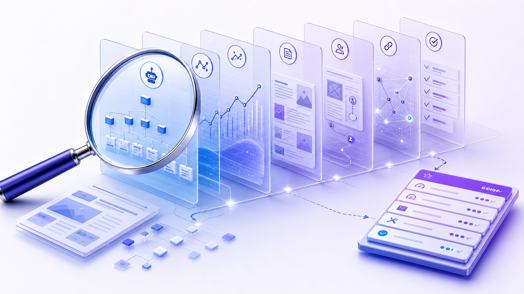 SEO audit lens examining architecture, performance, content, experience, authority, and prioritized action layers