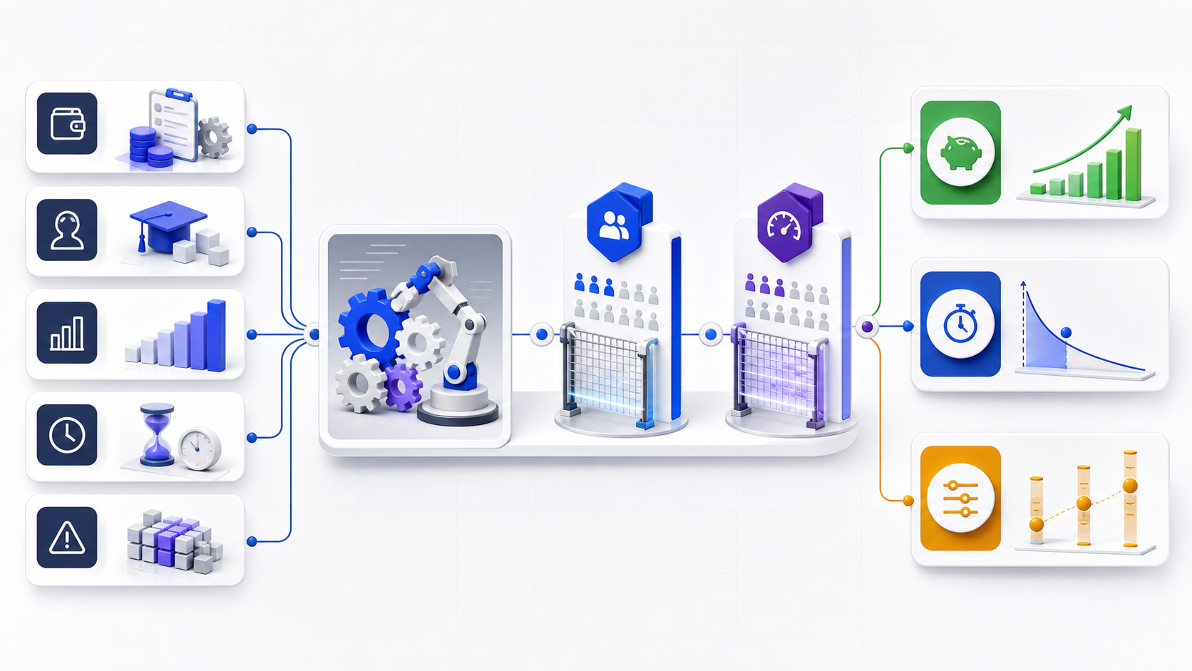 An automation ROI model connects implementation, labor, process volume, time, and risk inputs through adoption gates to savings, payback, and sensitivity outcomes