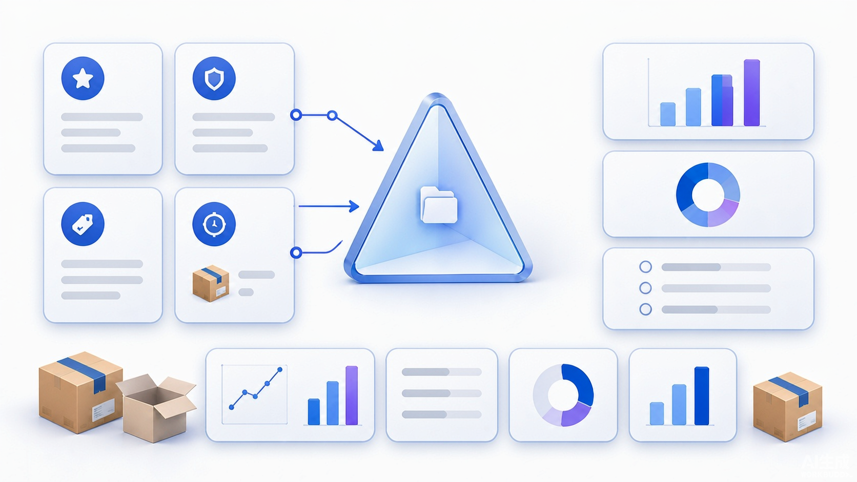 Abstract ecommerce report cards and evidence streams converging through a comparison prism