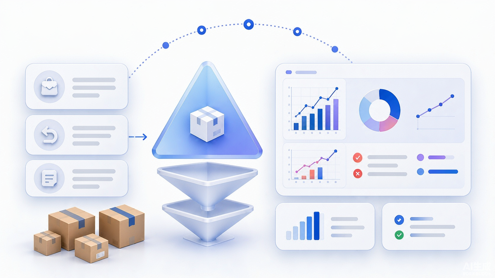 Abstract Shopify storefront return refund and analytics streams flowing into an evidence dashboard prism