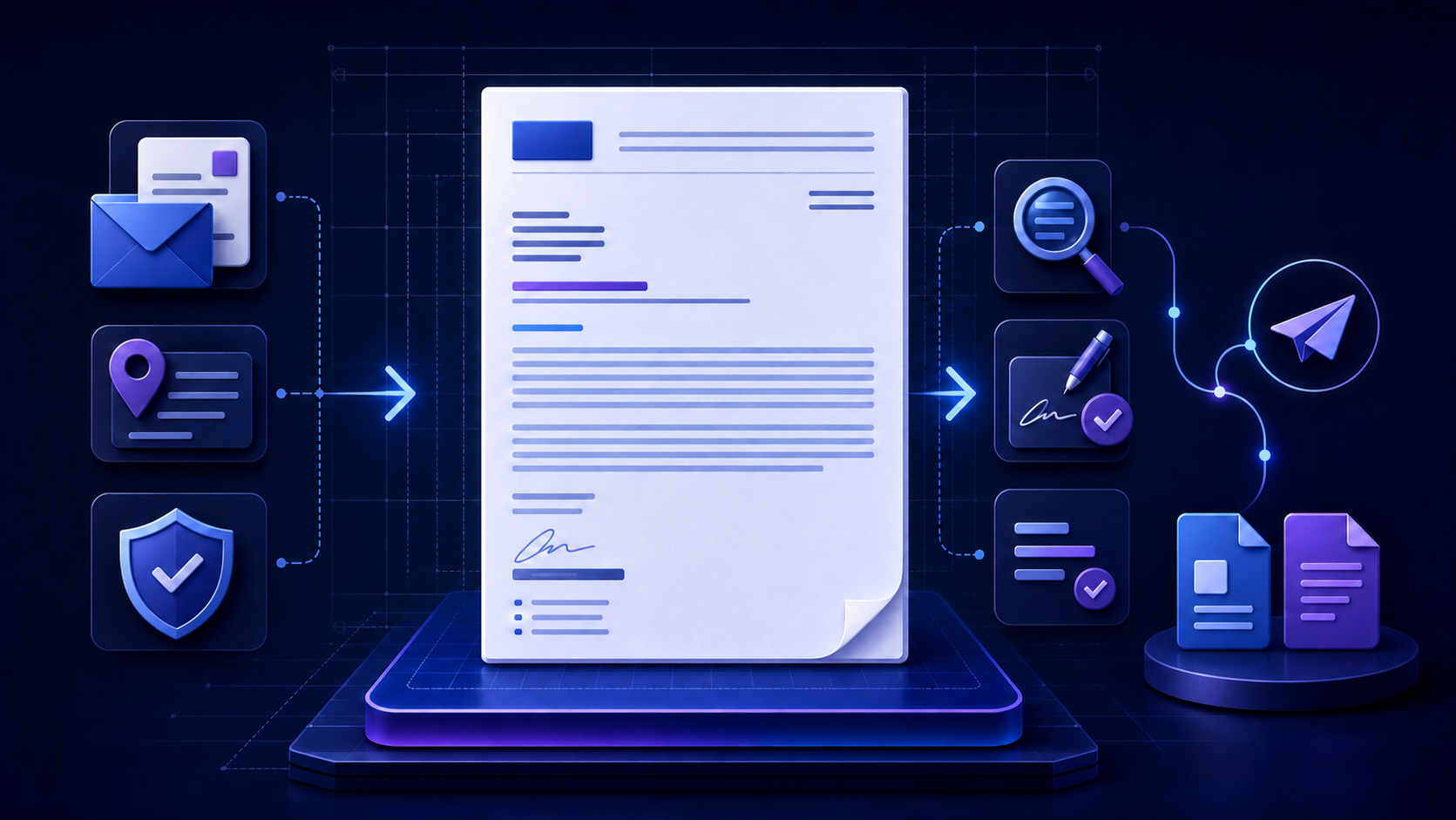 A professional business letter template moving from structured letterhead, address, subject, body, closing, and signature through proofreading, privacy, accessibility, and delivery checks