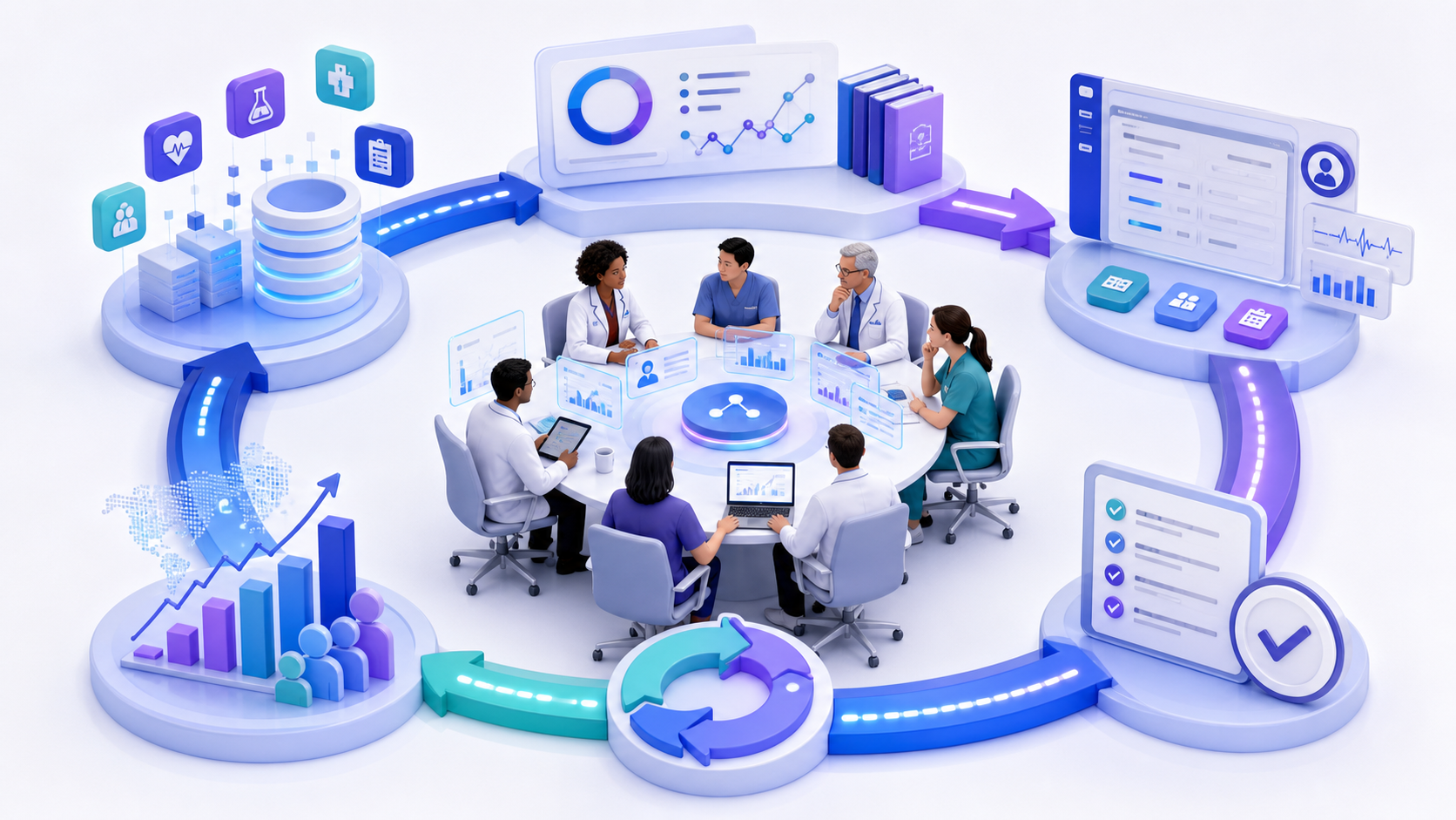 clinical intelligence workflow connecting healthcare data, analytical review, and clinician oversight
