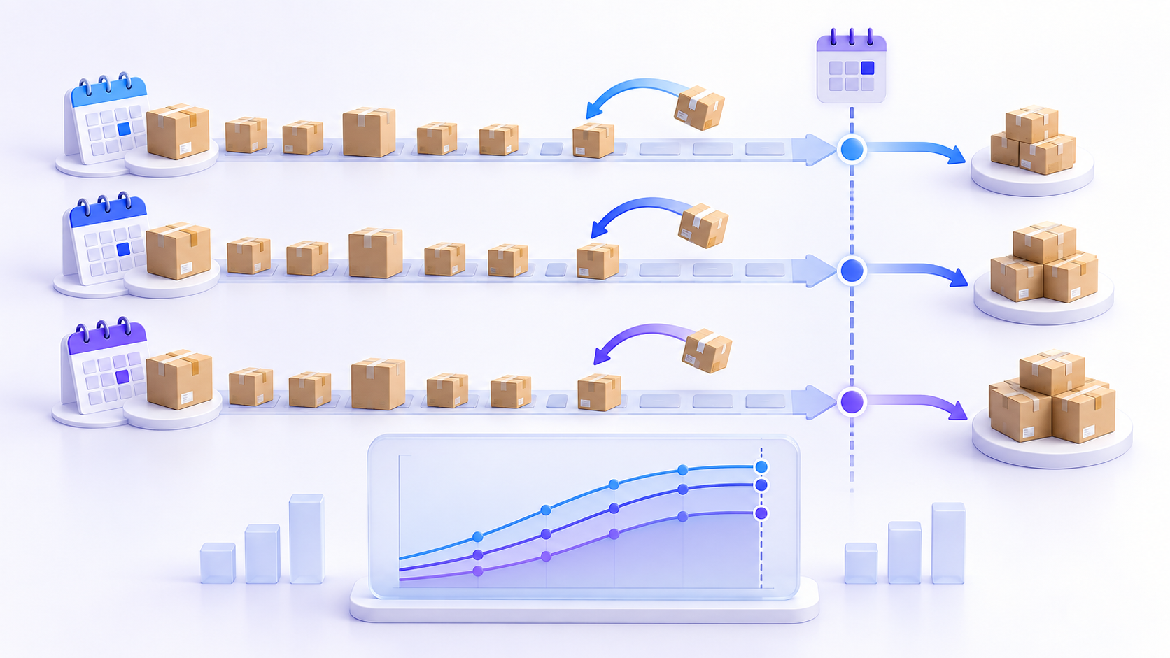 Three ecommerce order cohorts moving through equal observation windows with returned parcels and a maturity chart
