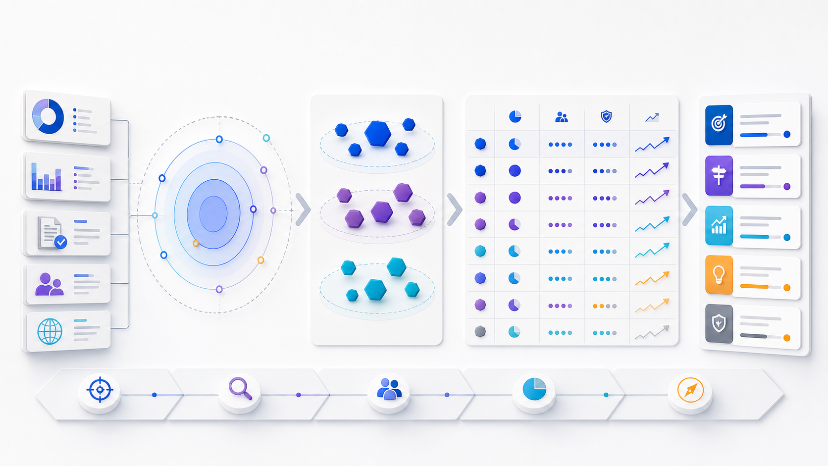Evidence-first competitive landscape analysis workflow from market scope to player segments, trends, and strategic actions.