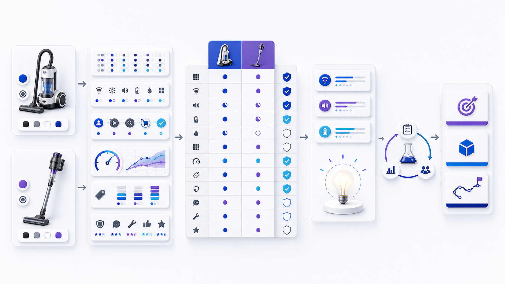 Two product variants flow through feature, task, performance, cost, service, and customer-evidence comparisons into validated product opportunities.