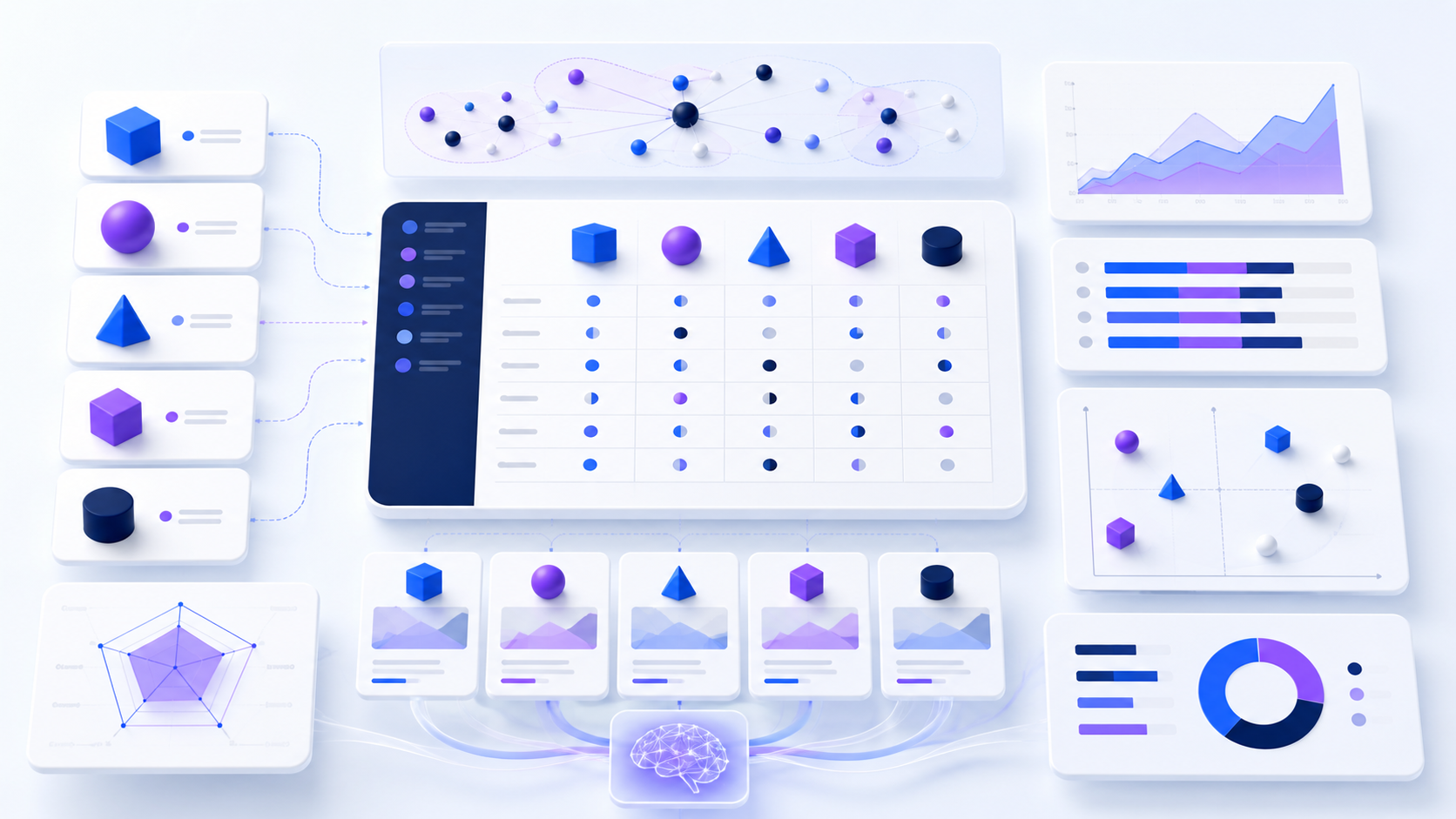 A competitor analysis workspace comparing feature matrices, benchmarks, market positions, evidence, and trends.