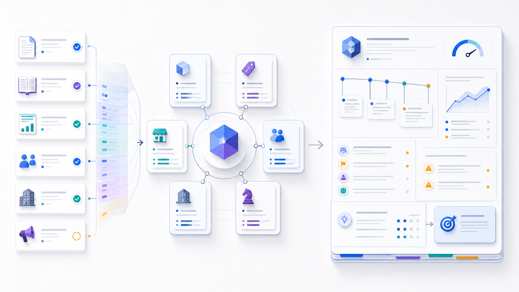 Evidence records flowing into a living competitor dossier with a timeline, confidence markers, watch signals, review triggers, and accountable actions.