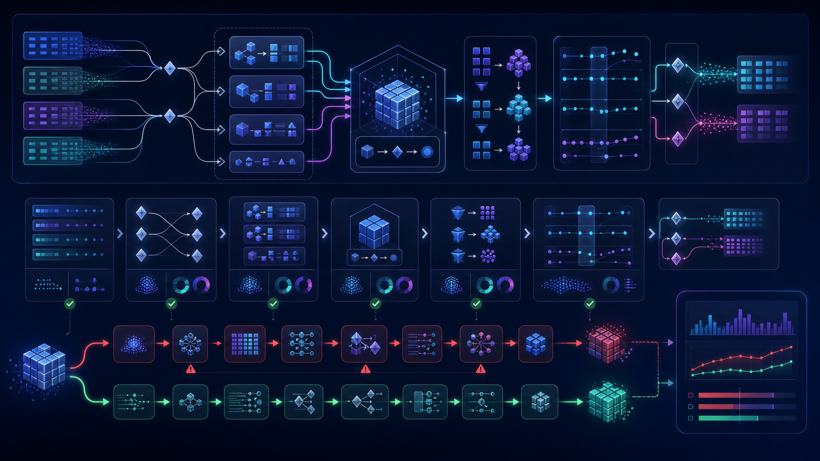A dense SQL graph of joins, CTE modules, subqueries, aggregates, windows, and filters is decomposed into validated stages with safe and risky execution paths