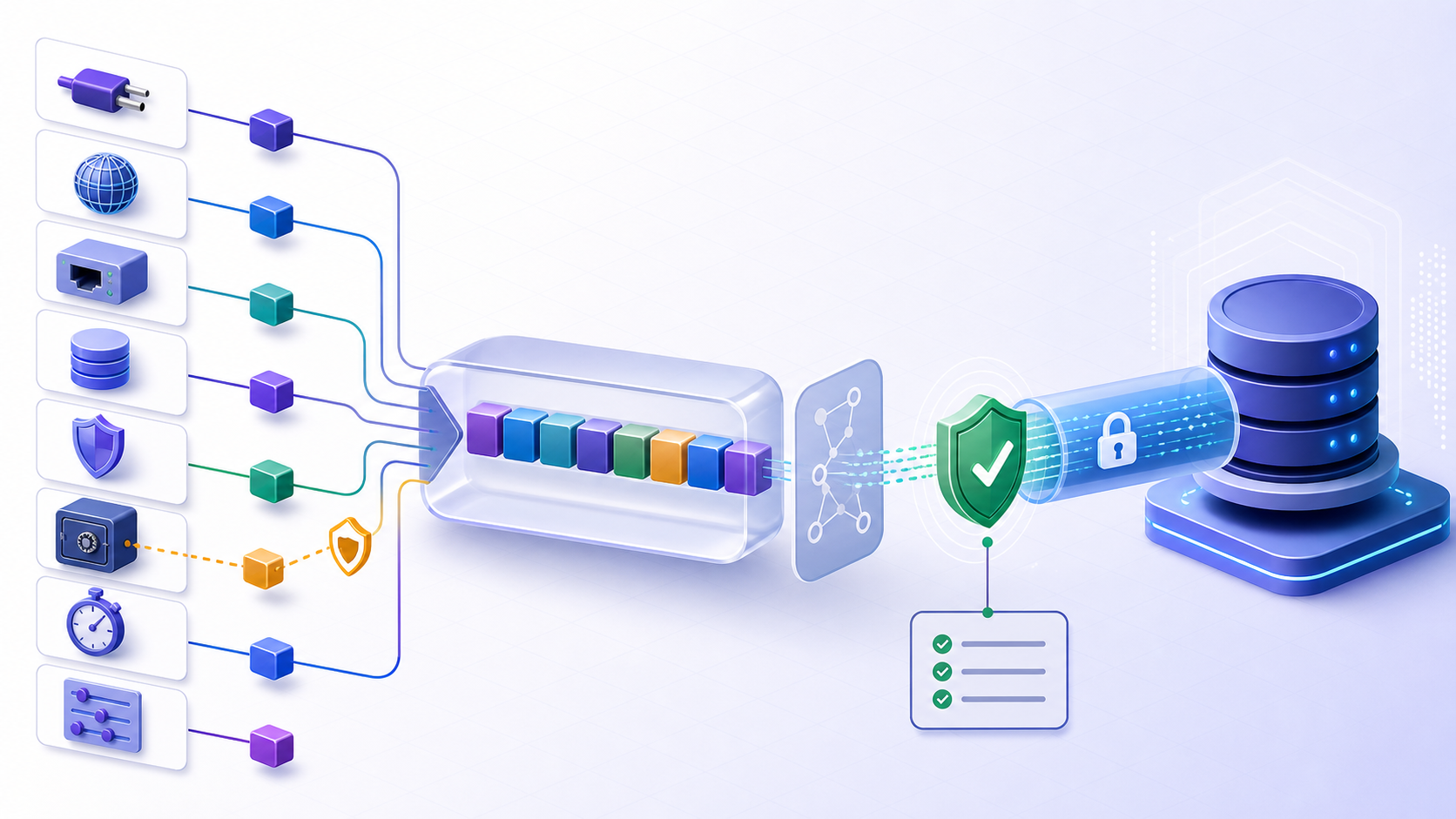Connection string modules for driver, host, port, database, TLS, secret reference, timeout, and options assemble into a validated protected database connection