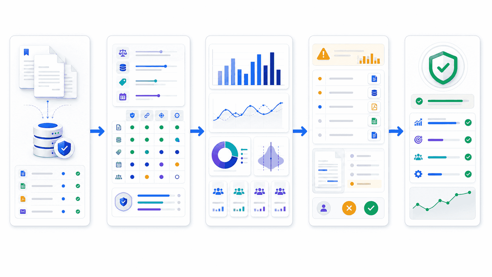 Contract analytics workflow from governed portfolio data and metric definitions to trends, anomaly review, verified action, and outcome measurement