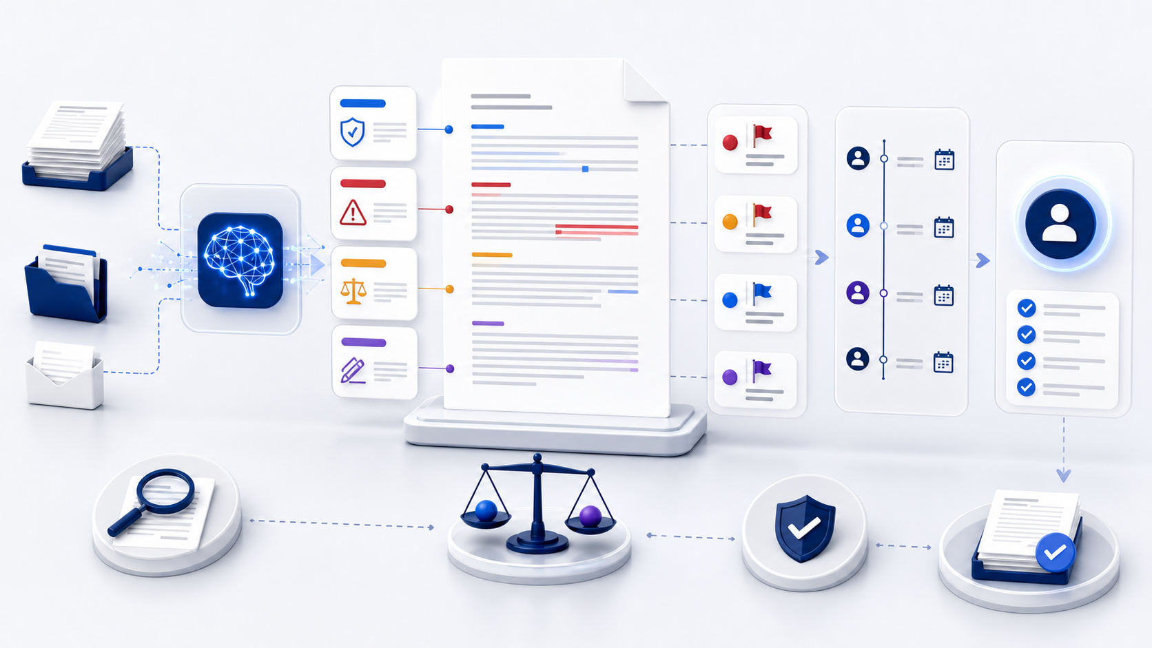 Contract review checklist workflow showing document intake, AI-assisted clause screening, risk flags, approval routing, and human verification