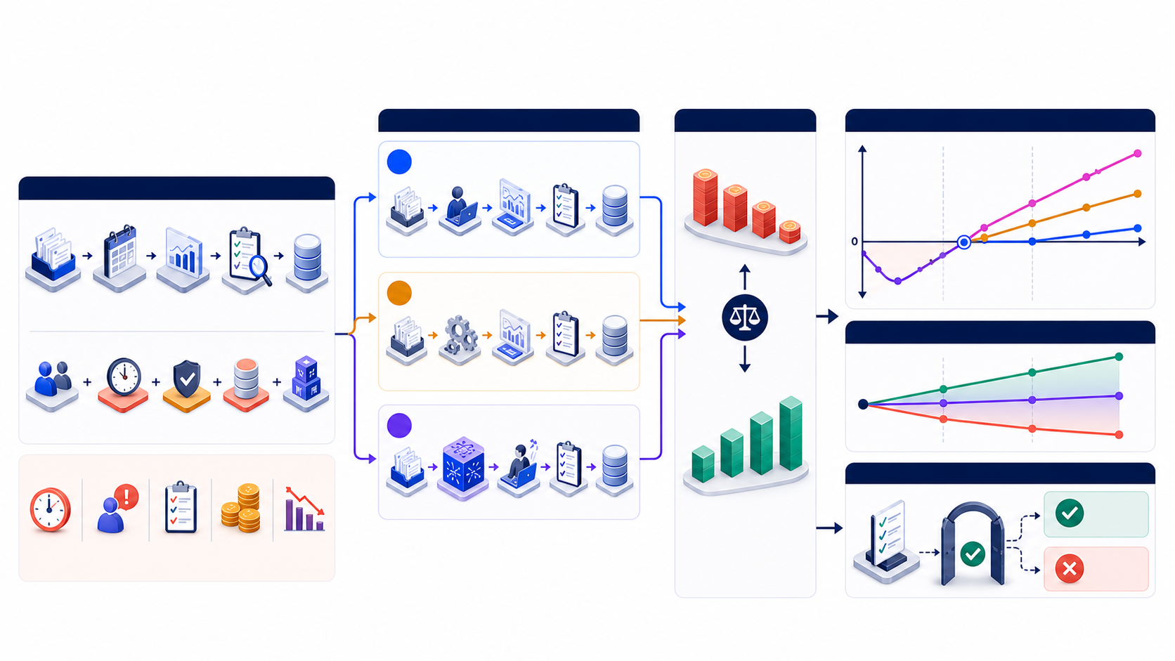 A cost benefit analysis workflow compares three project options, lifecycle costs, realized benefits, cumulative cash flow, break-even, sensitivity, and a decision gate