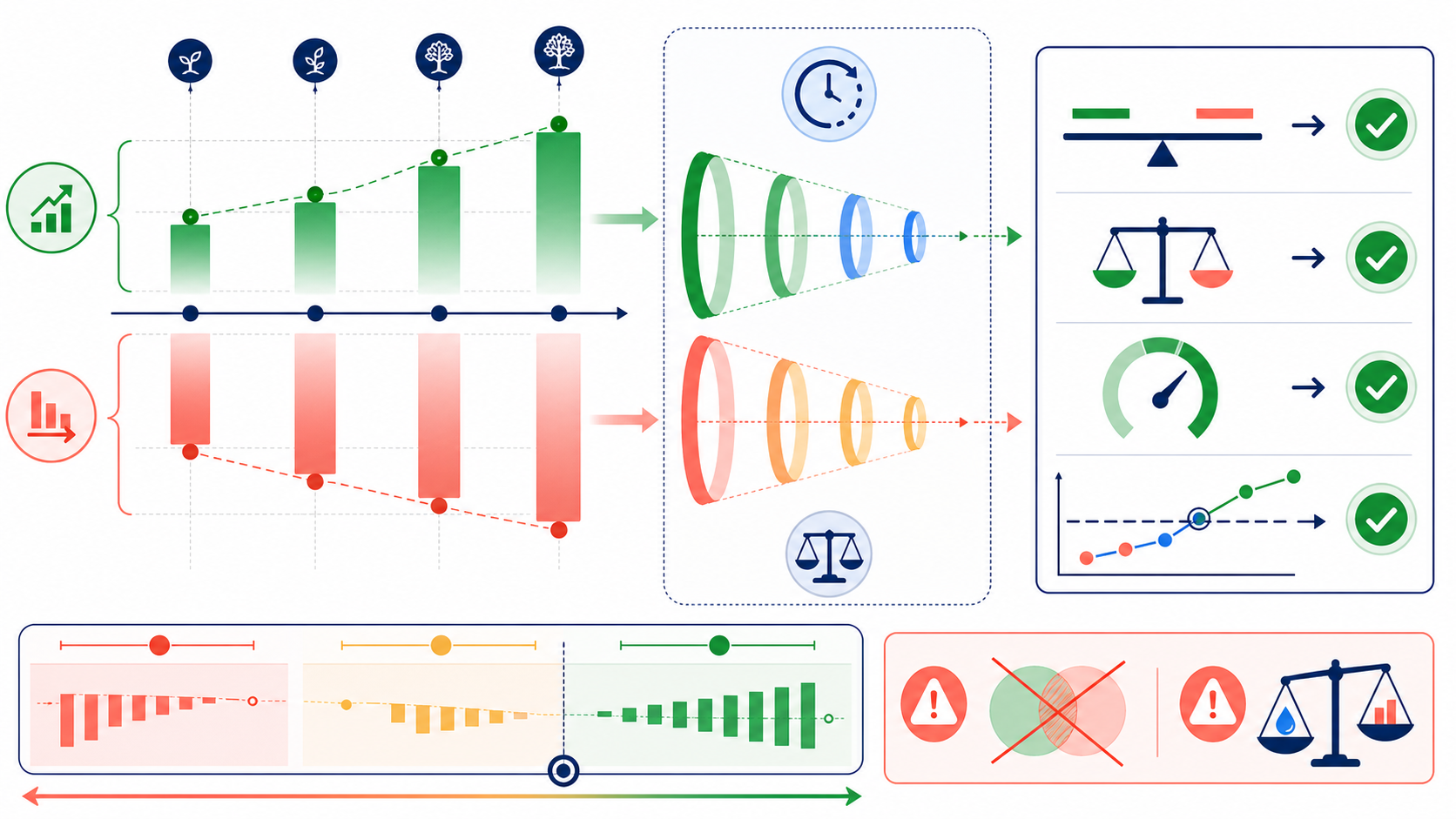 Cost benefit analysis formula diagram showing annual benefit and cost flows, present value discounting, NPV, BCR, ROI, payback, sensitivity ranges, and double-counting controls