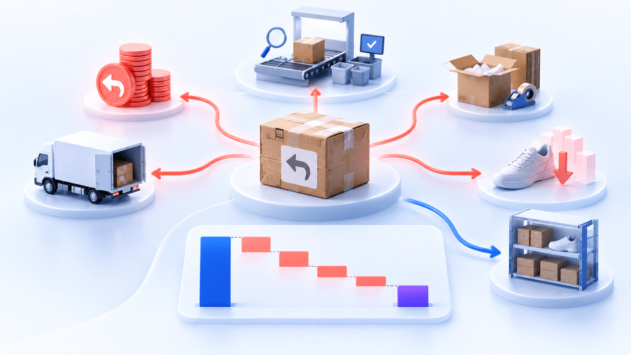 Returned ecommerce parcel connected to refund, shipping, inspection, repacking, inventory write-down, and recovered inventory