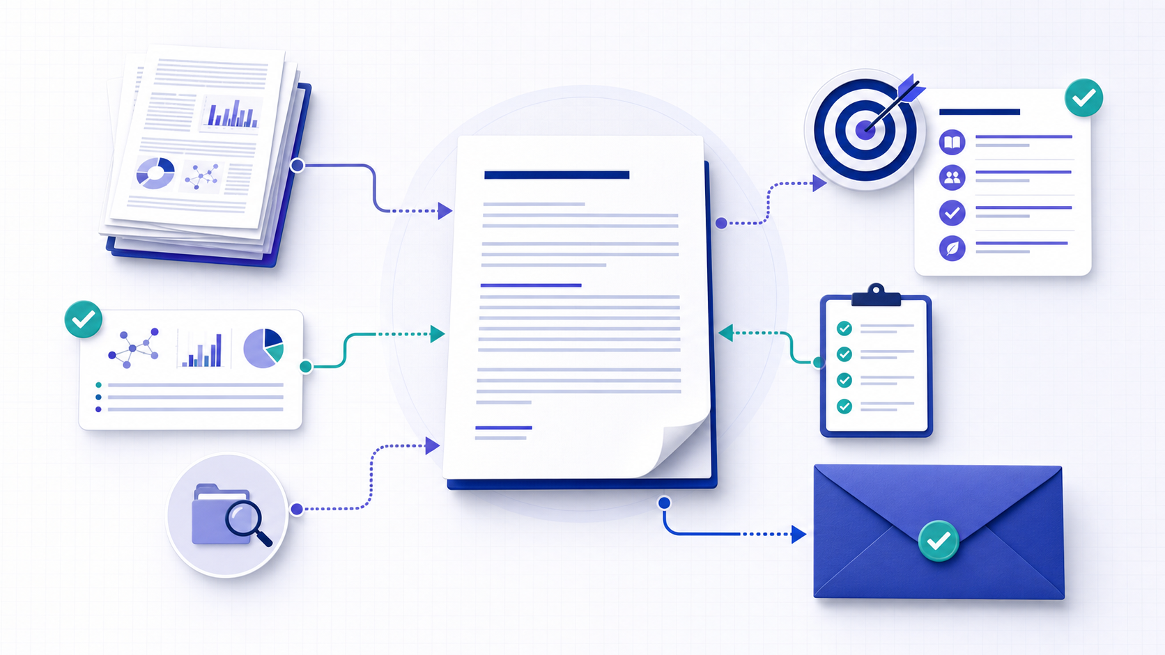 Manuscript evidence flowing into a one-page journal cover letter, scope check, disclosure checklist and submission envelope