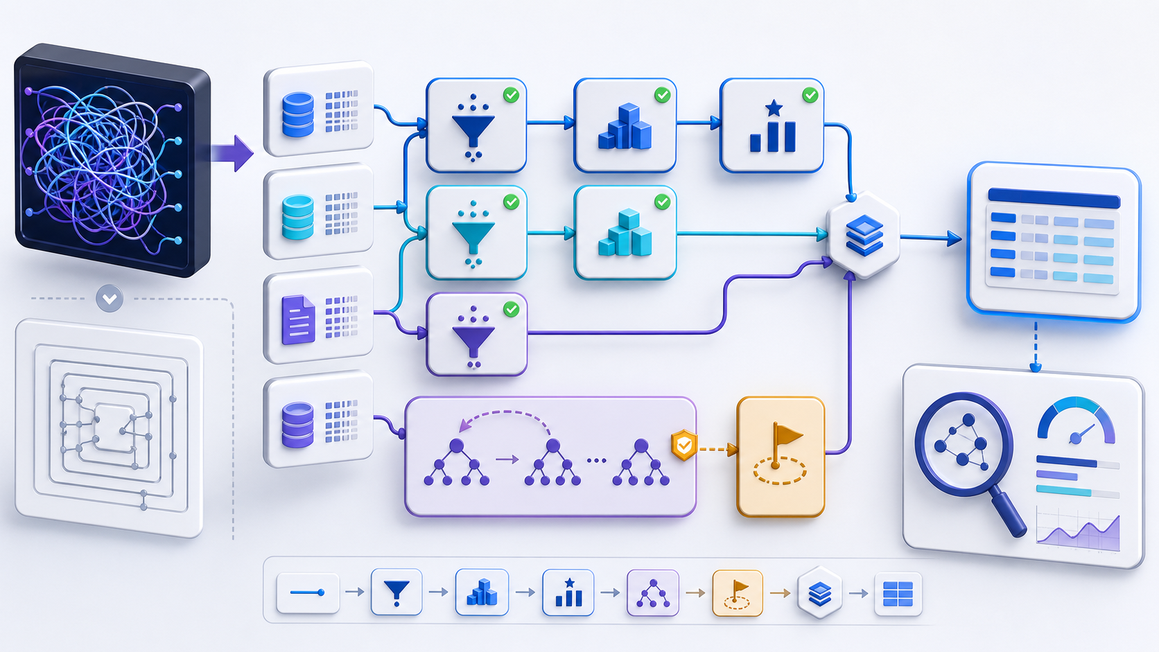 A tangled query is decomposed into filtered aggregated and ranked CTE modules, with a bounded recursive hierarchy merging into a final result and complexity inspection