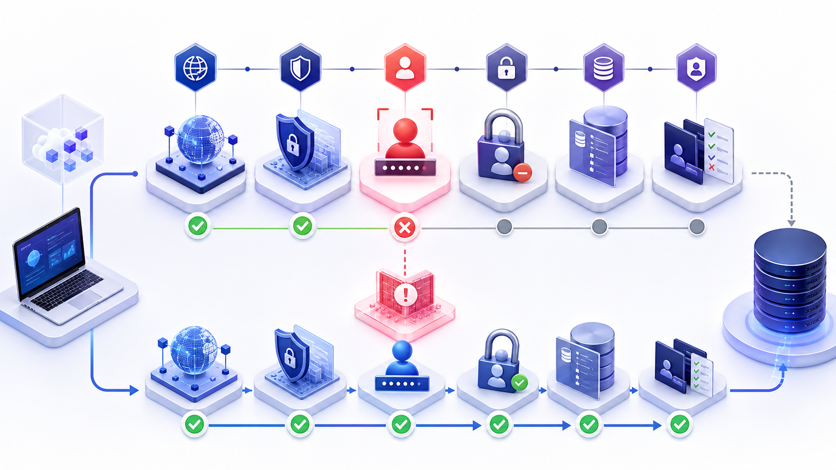 A database login flow isolates network and TLS success from an authentication failure, then shows account, database selection, and permission checks