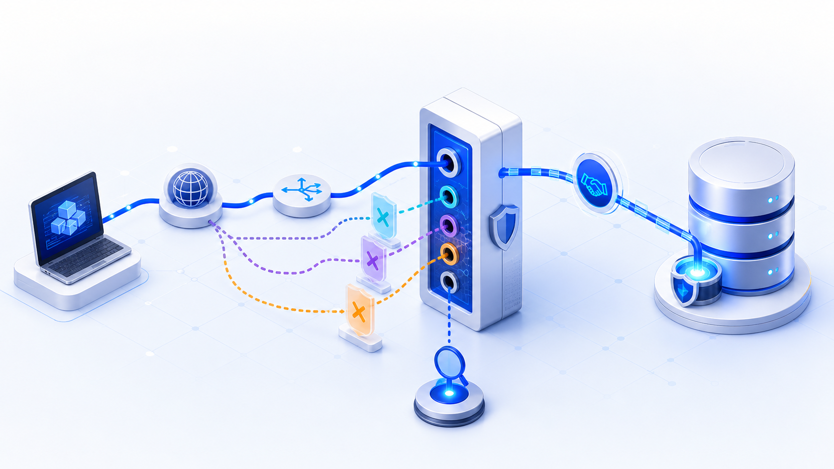 Application traffic reaches one approved database listener port through routing and firewall controls while other paths remain blocked