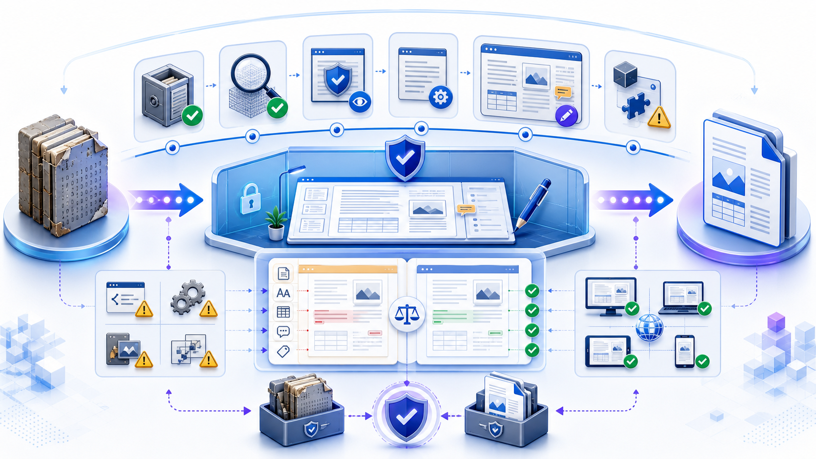 Controlled DOC editor workflow showing a legacy Word binary source moving through protected editing, DOCX copy conversion, side-by-side fidelity comparison, cross-device verification, and final archive