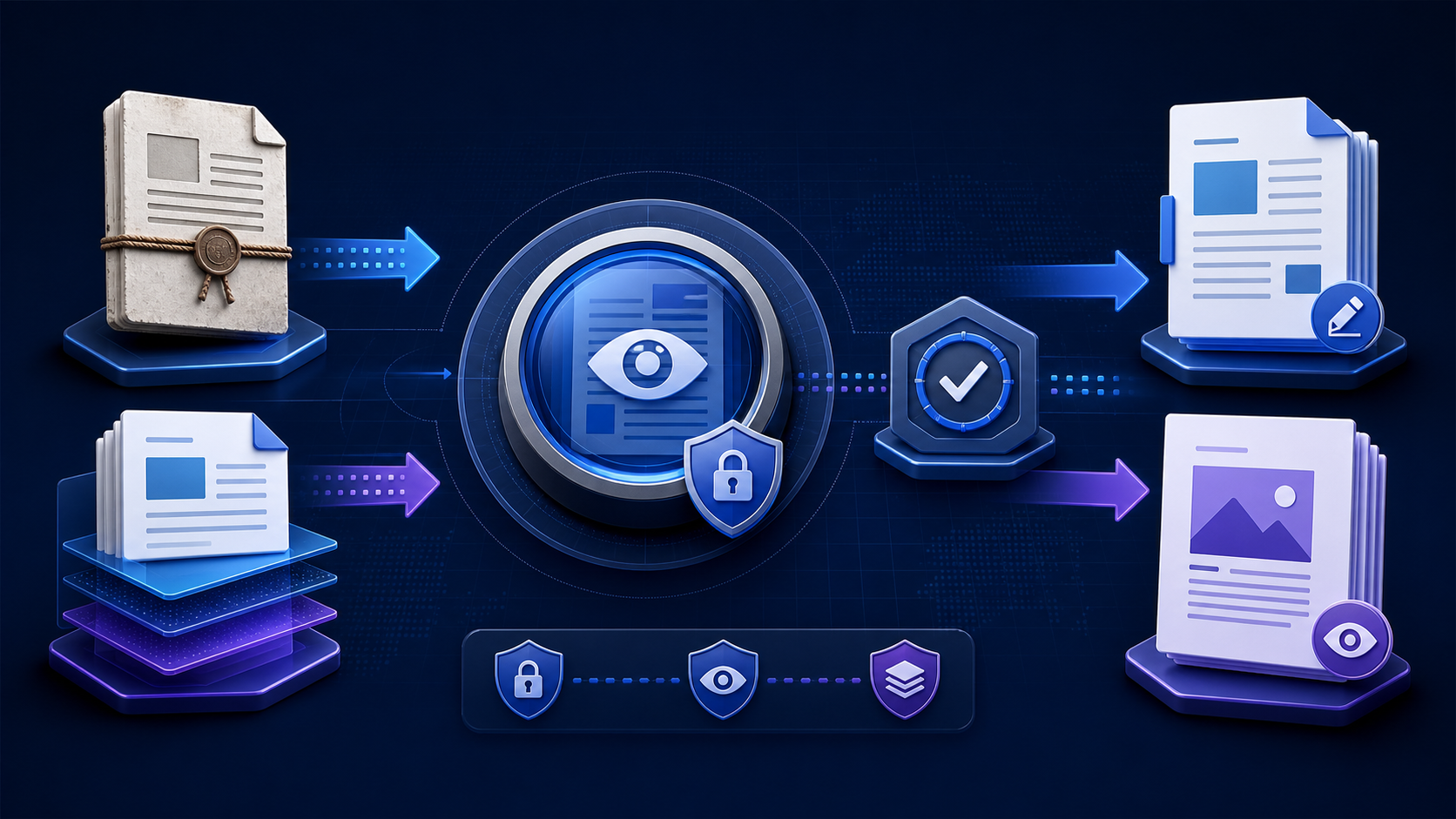 A DOC viewer compatibility workflow moving legacy binary DOC and modern DOCX documents through secure viewing, fidelity checks, migration, and verified outputs