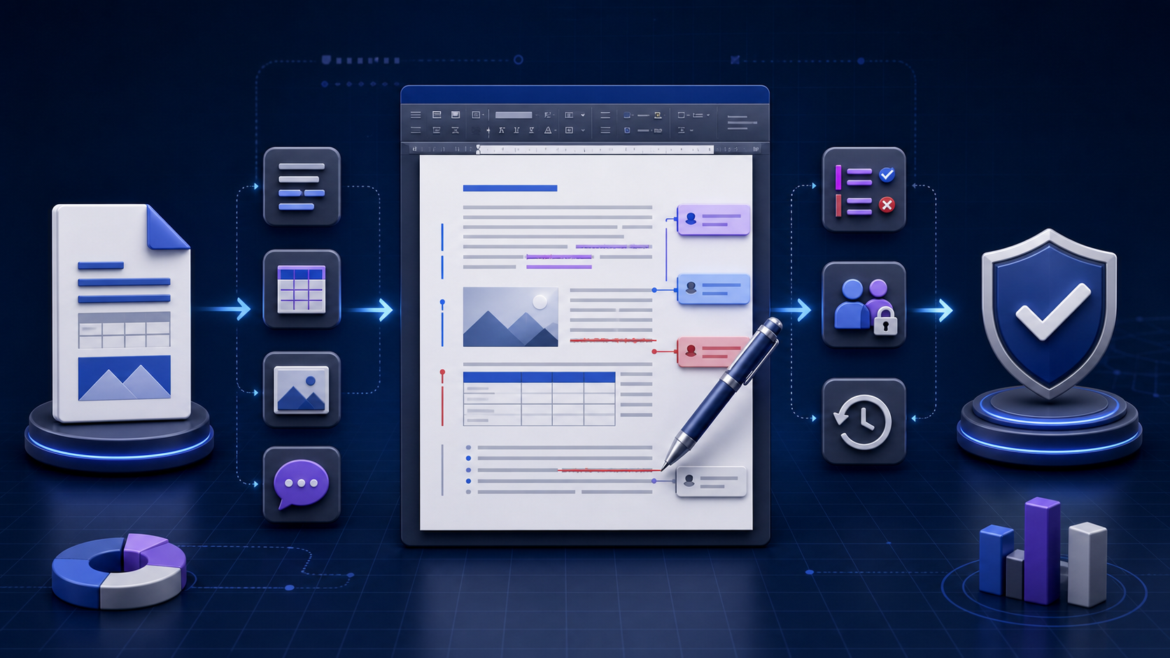 A DOCX editor workflow showing a structured Word document moving through formatting, comments, tracked revisions, permissions, version history, and final validation