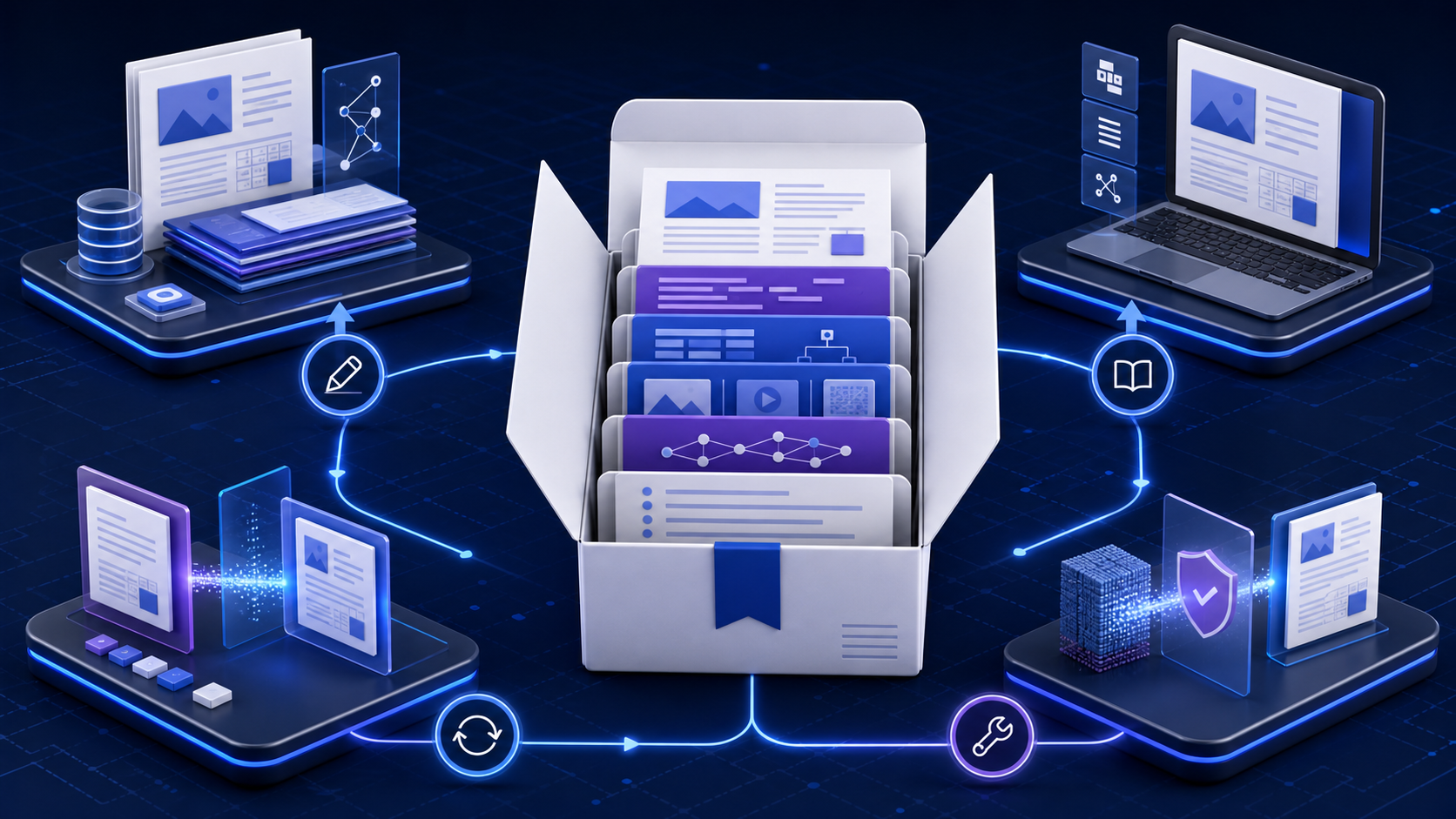 An open DOCX file package revealing document structure, styles, media, properties, and relationships connected to create, open, convert, repair, and validation workflows
