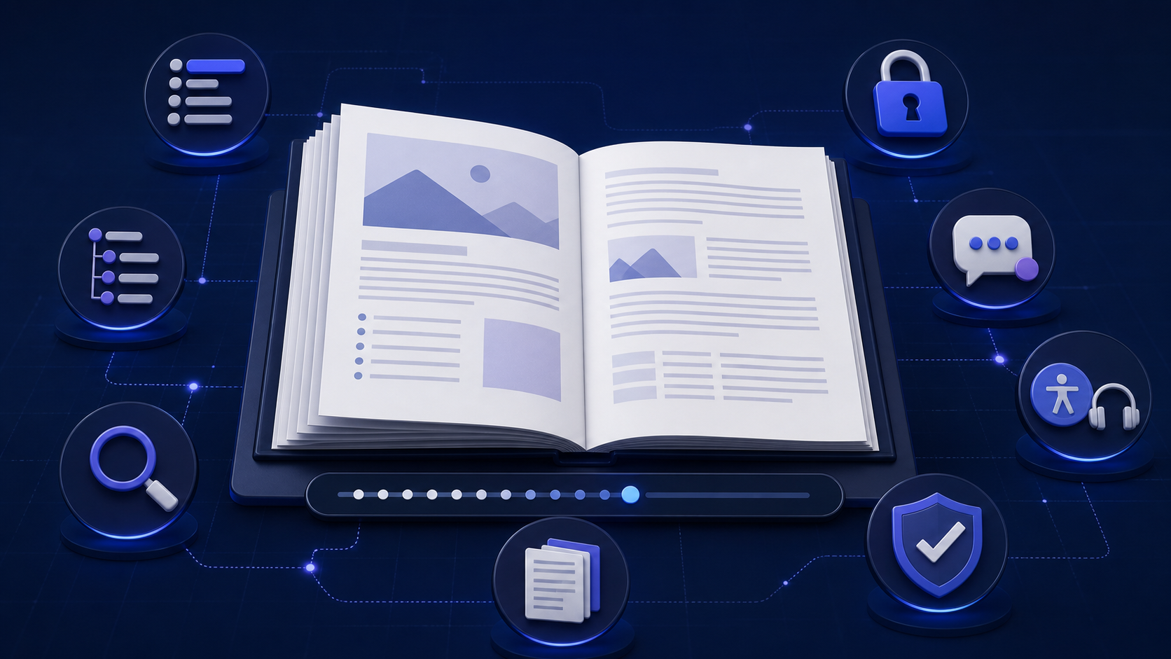 A DOCX reader workflow showing focused Word document reading with contents, heading navigation, search, read-only protection, comments, accessibility, and final verification