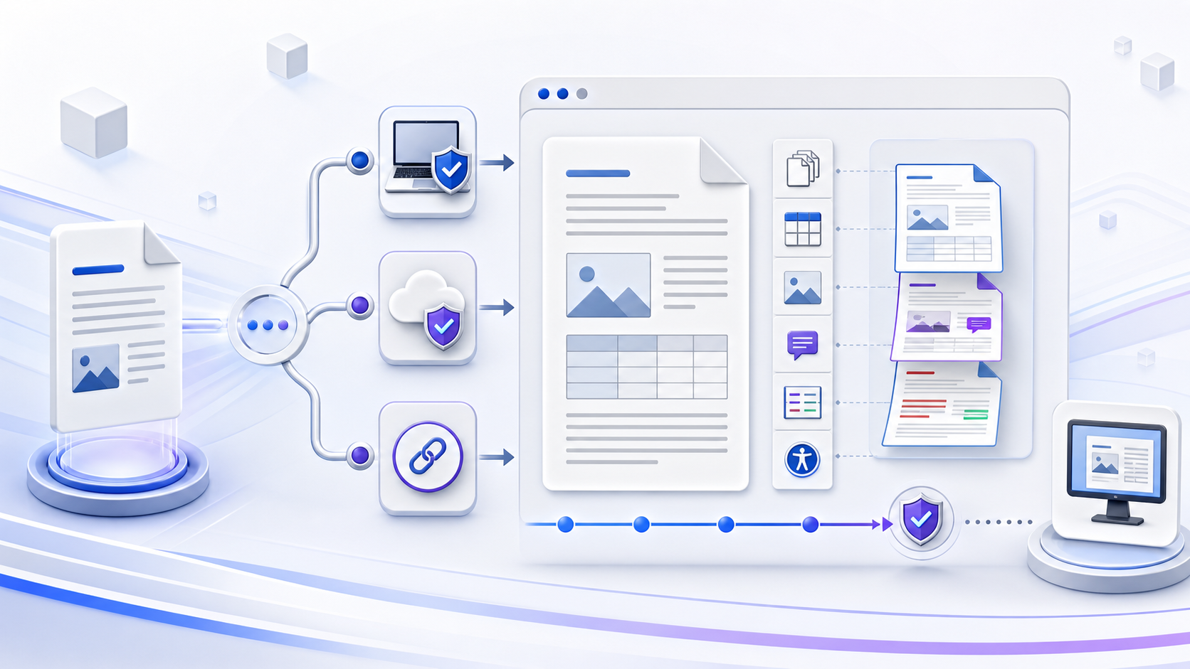 A DOCX viewer online workflow comparing local browser, trusted cloud, and shared-link access before content, comments, accessibility, privacy, fidelity, and desktop escalation checks