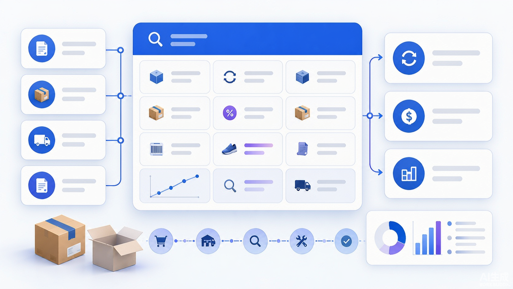 Generic online marketplace returns analysis map connecting order items shipping fulfillments return requests labels carrier tracking receipts replacements refunds and finance transactions