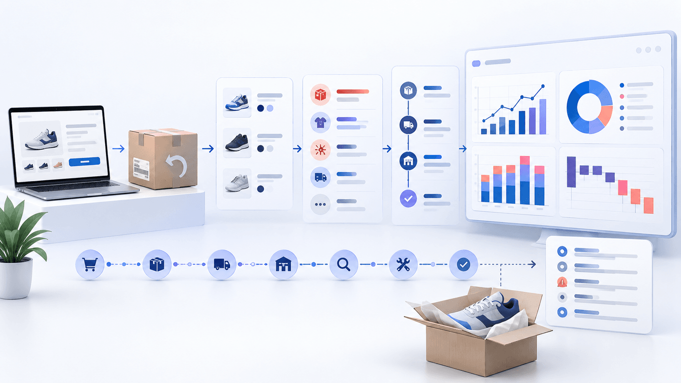 Returns data analysis for ecommerce connecting an order and returned parcel to SKU patterns, reasons, costs, operations, and margin dashboards