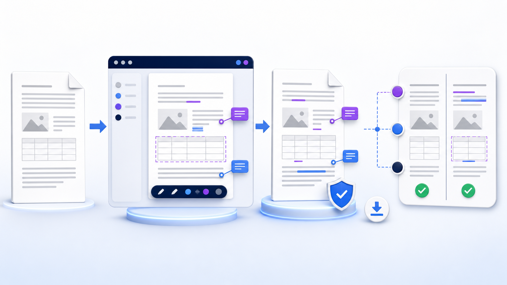 A controlled DOCX editing workflow preserving the source, modifying content in a browser, saving a separate version, and verifying the downloaded file side by side