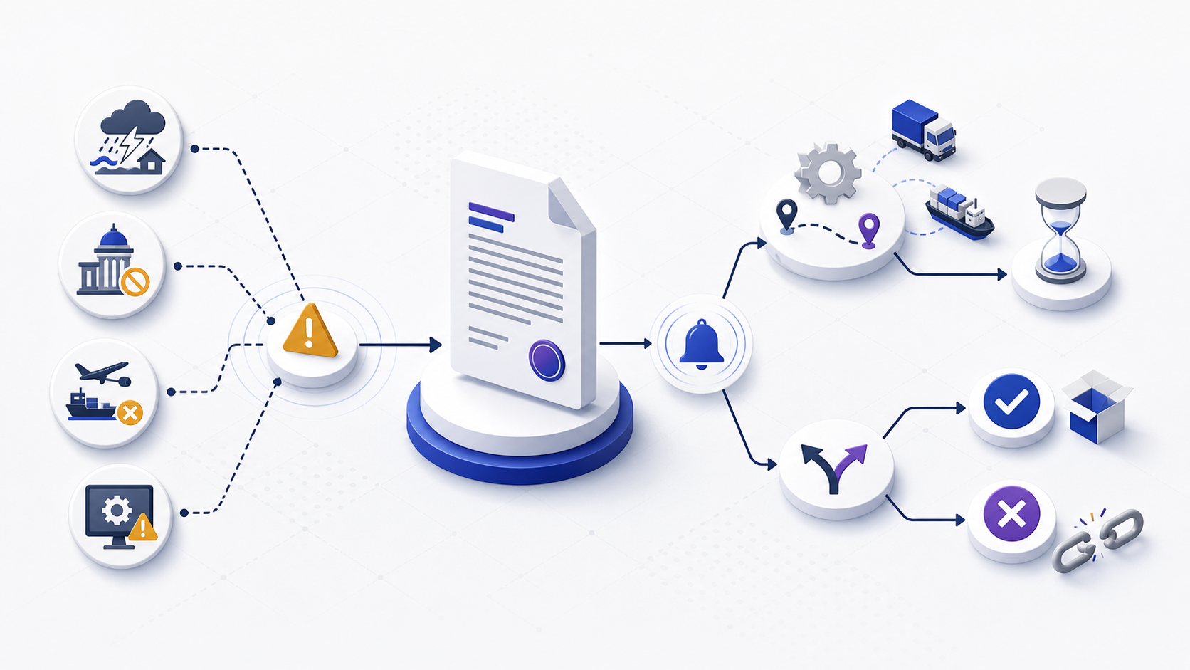 Force majeure clause workflow showing external disruptions, notice, mitigation, resumed performance, and termination
