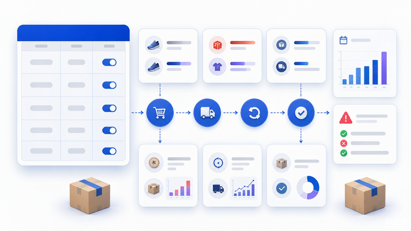 Abstract free returns tracking spreadsheet with linked order line return lifecycle refund reason cost status and quality check layers