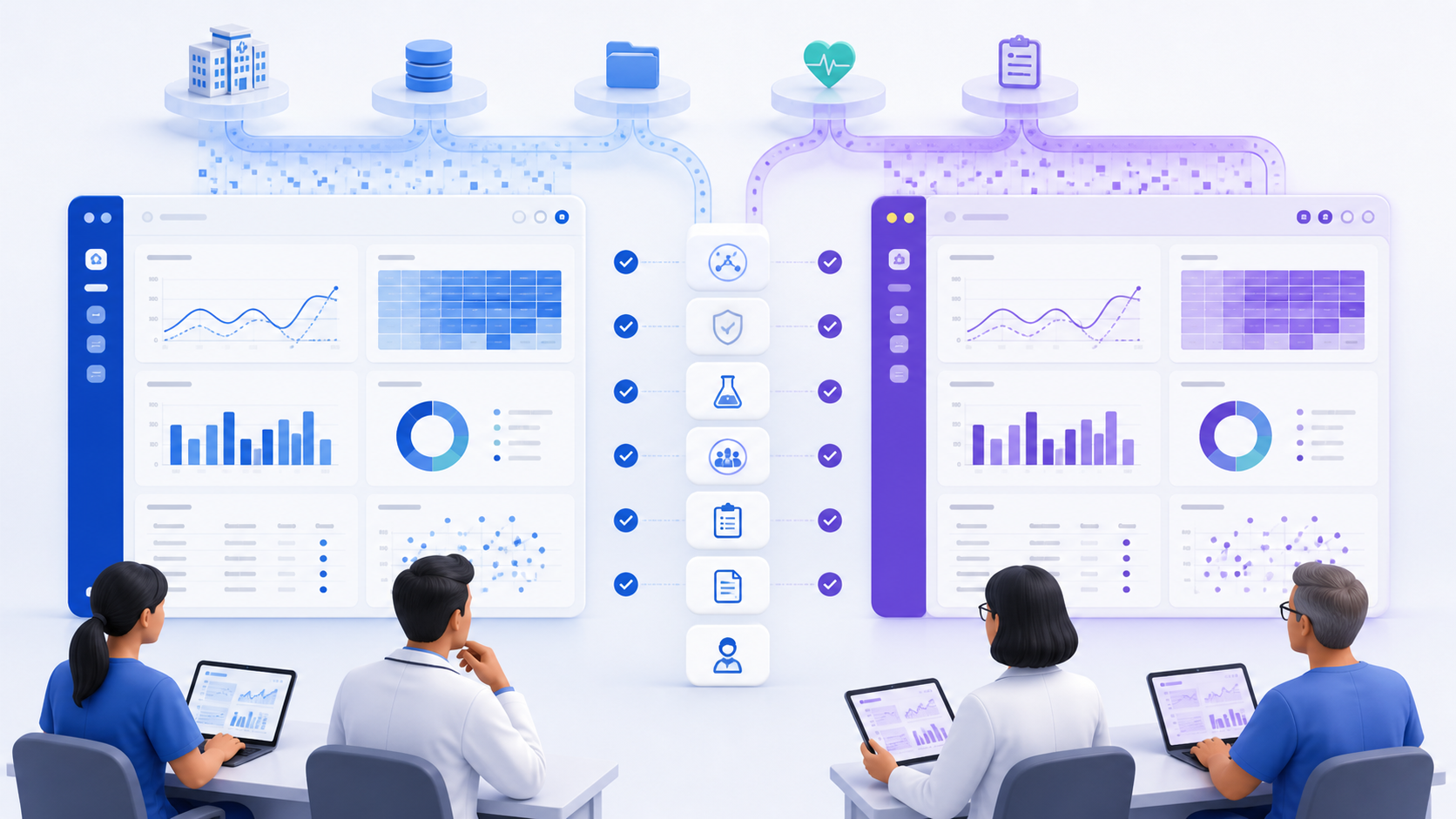 healthcare analytics software workflow connecting healthcare data, analytical review, and clinician oversight