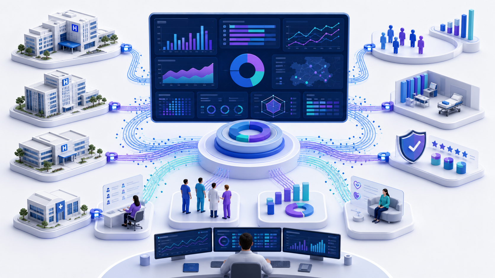 healthcare analytics workflow connecting healthcare data, analytical review, and clinician oversight