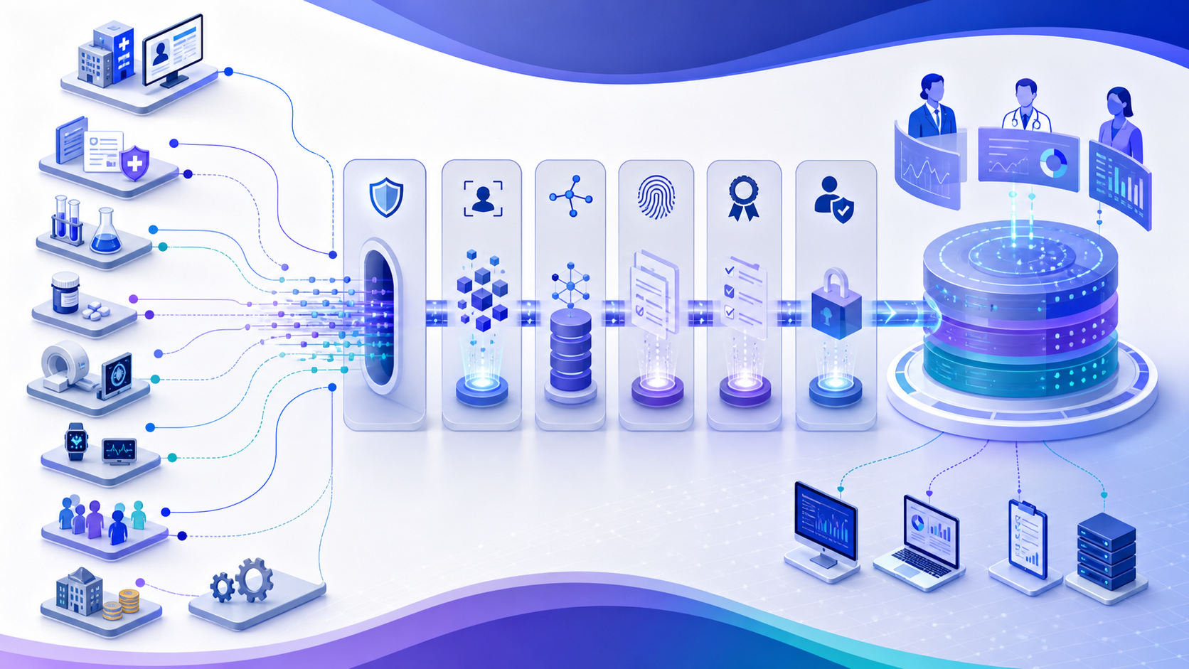 healthcare data integration workflow connecting healthcare data, analytical review, and clinician oversight