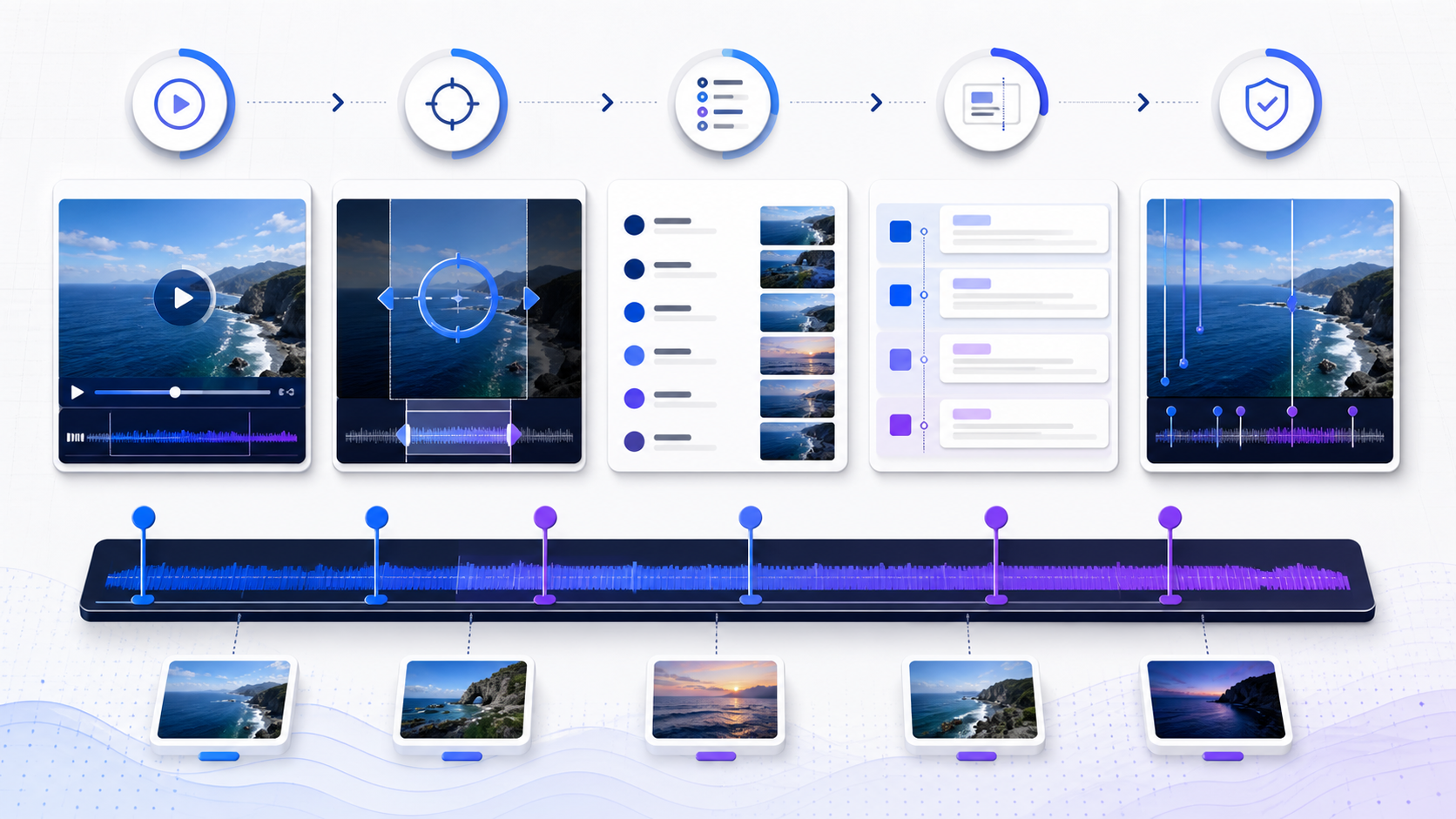 Visual workflow showing how to add timestamps to youtube video from source video to a reviewable result
