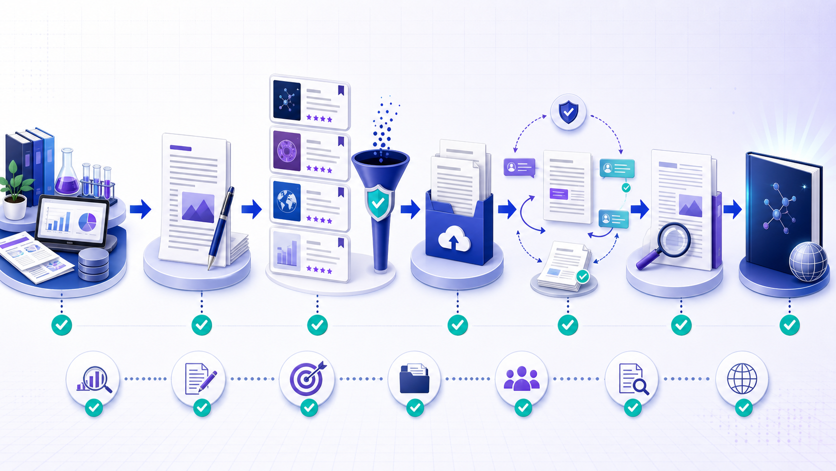 Research evidence progressing through manuscript preparation, trusted journal screening, submission, peer review, revision, proof checks and publication