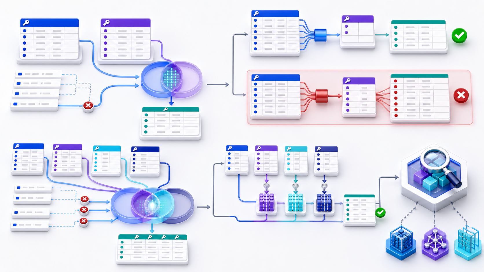 Two datasets connect through validated matching keys while unmatched records remain outside and a many-to-many path expands before correction and query inspection