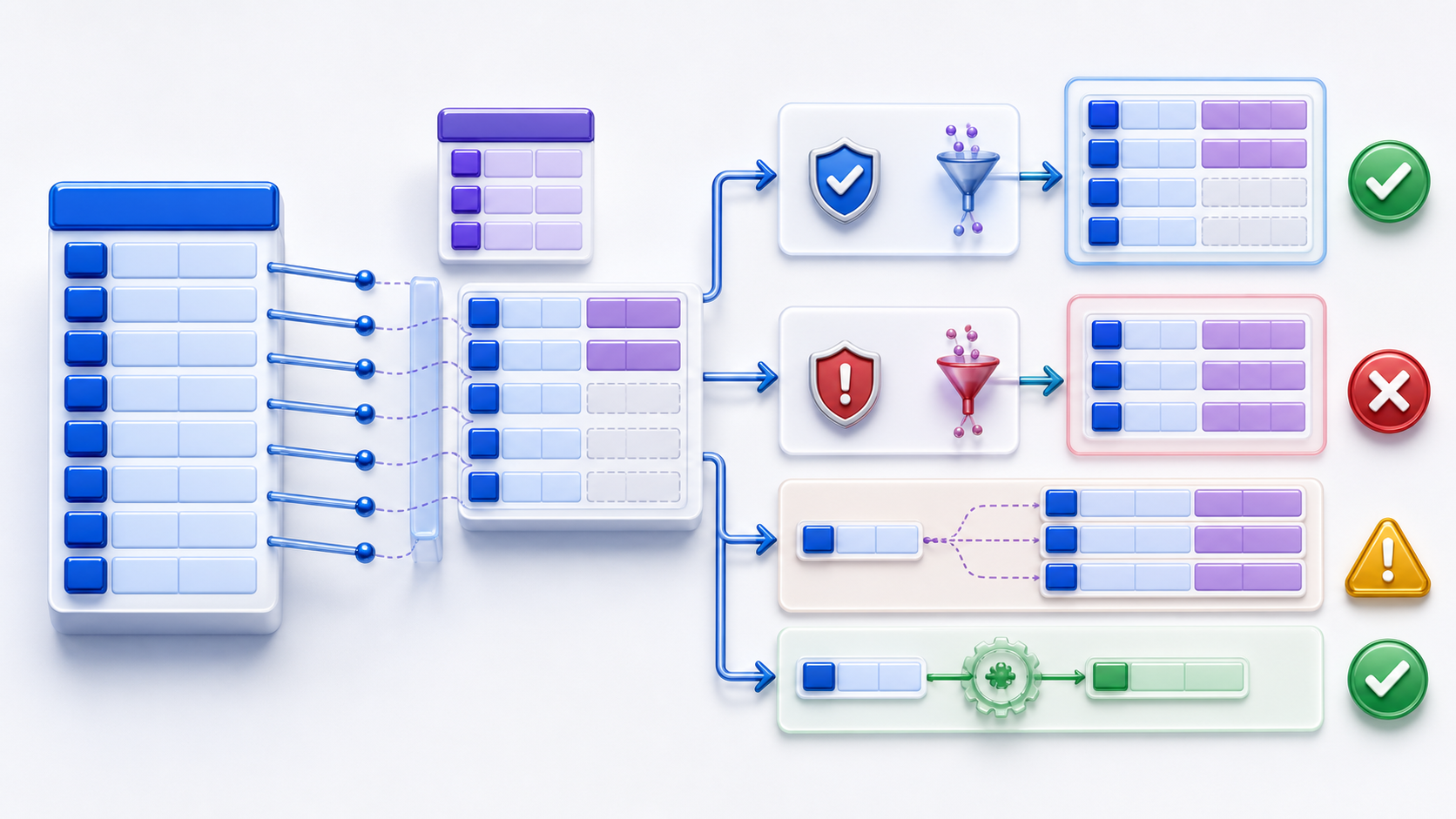 A complete left table preserves matching and unmatched rows through a left join while unsafe post-join filtering removes empty matches and one-to-many duplication is corrected before complexity inspection