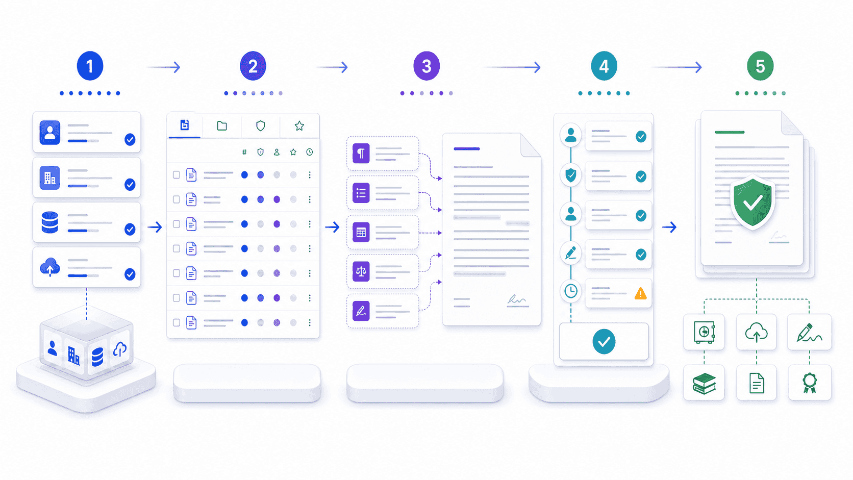 Legal document automation workflow from structured intake and template selection to document assembly, approval, verification, and controlled handoff