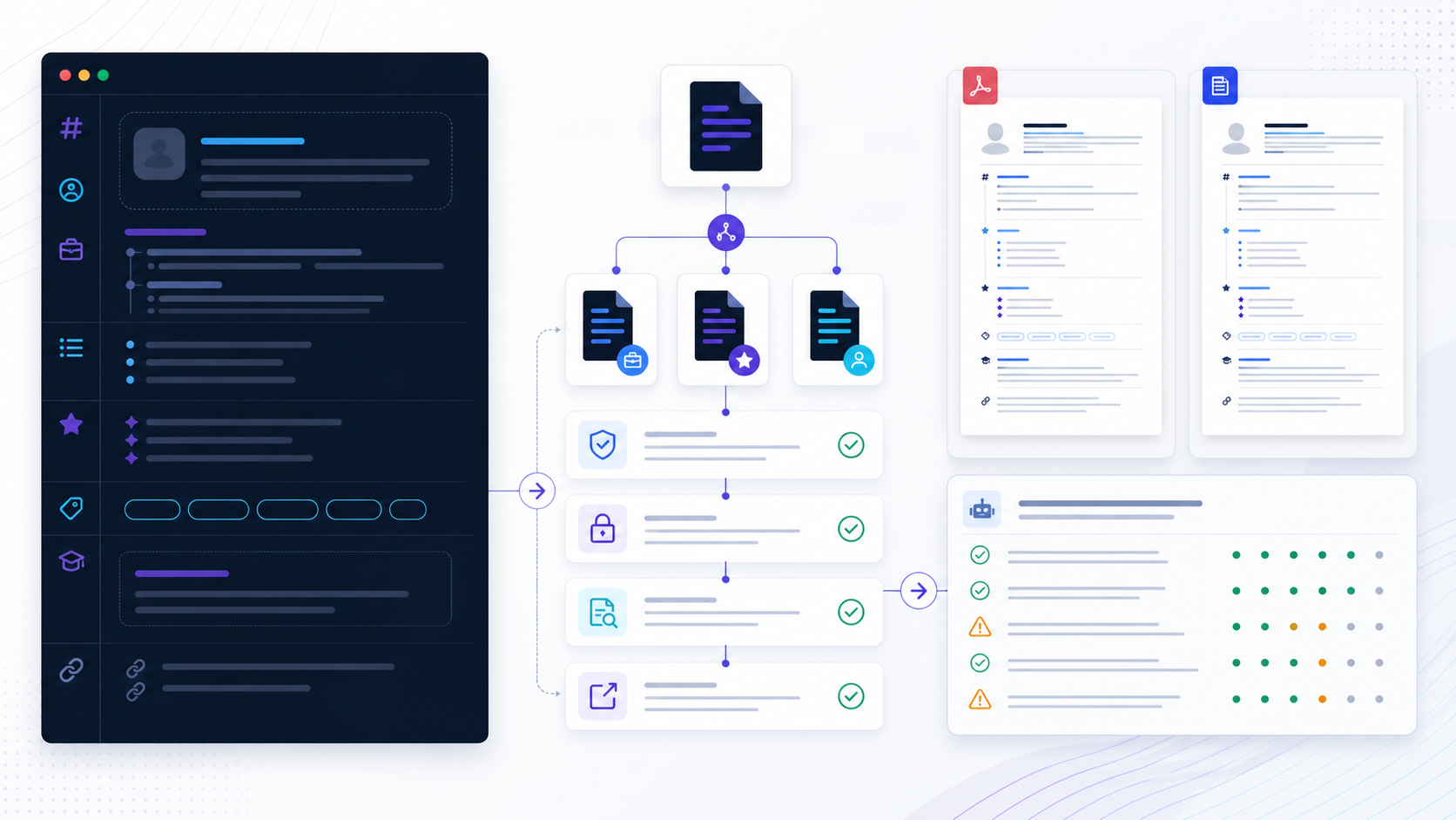 Markdown resume source branching into targeted versions, privacy checks, and verified PDF and document outputs