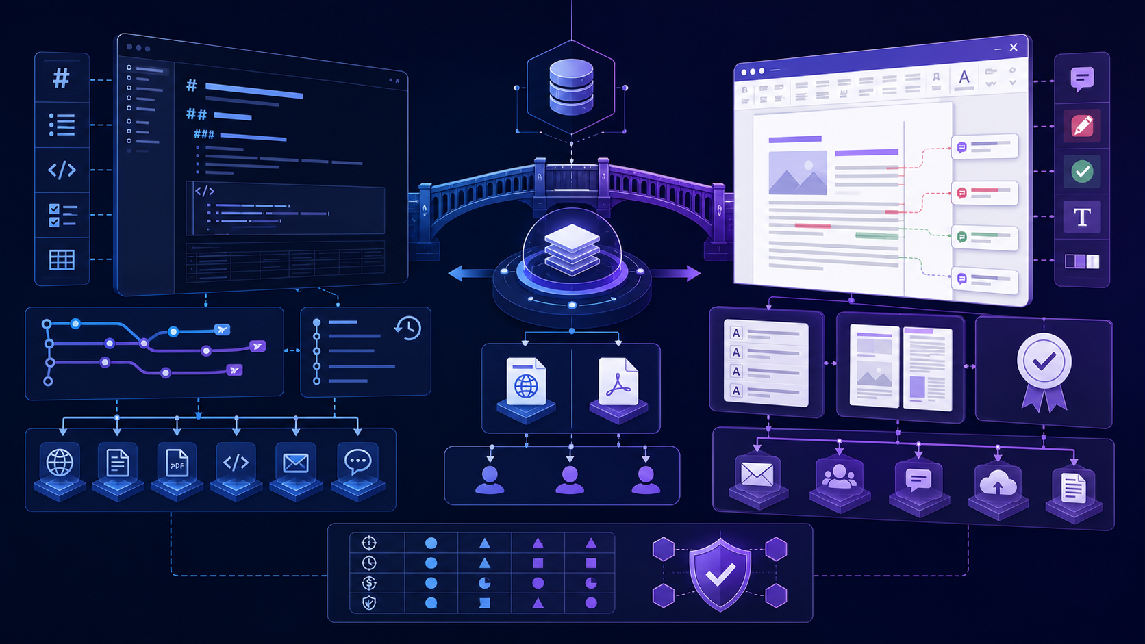 Markdown versioned publishing and Word collaborative review connected through a controlled single-source workflow and quality gate