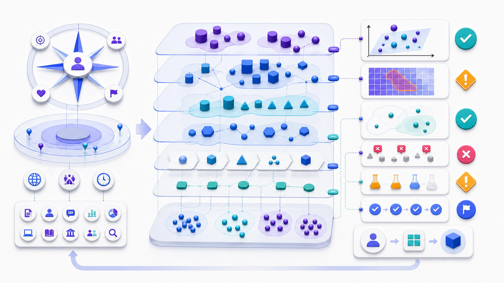 A customer job and market boundary flowing into a layered ecosystem of competitors, substitutes, channels, strategic groups, positioning evidence, and validated opportunities.