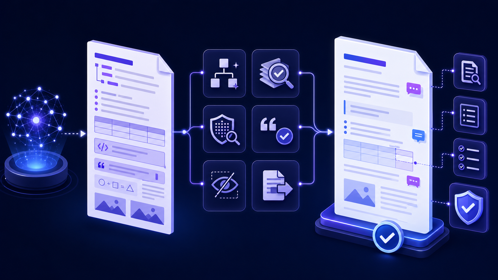 AI-generated Markdown passing through structure, evidence, privacy, and human-review checks before becoming an approved Word document