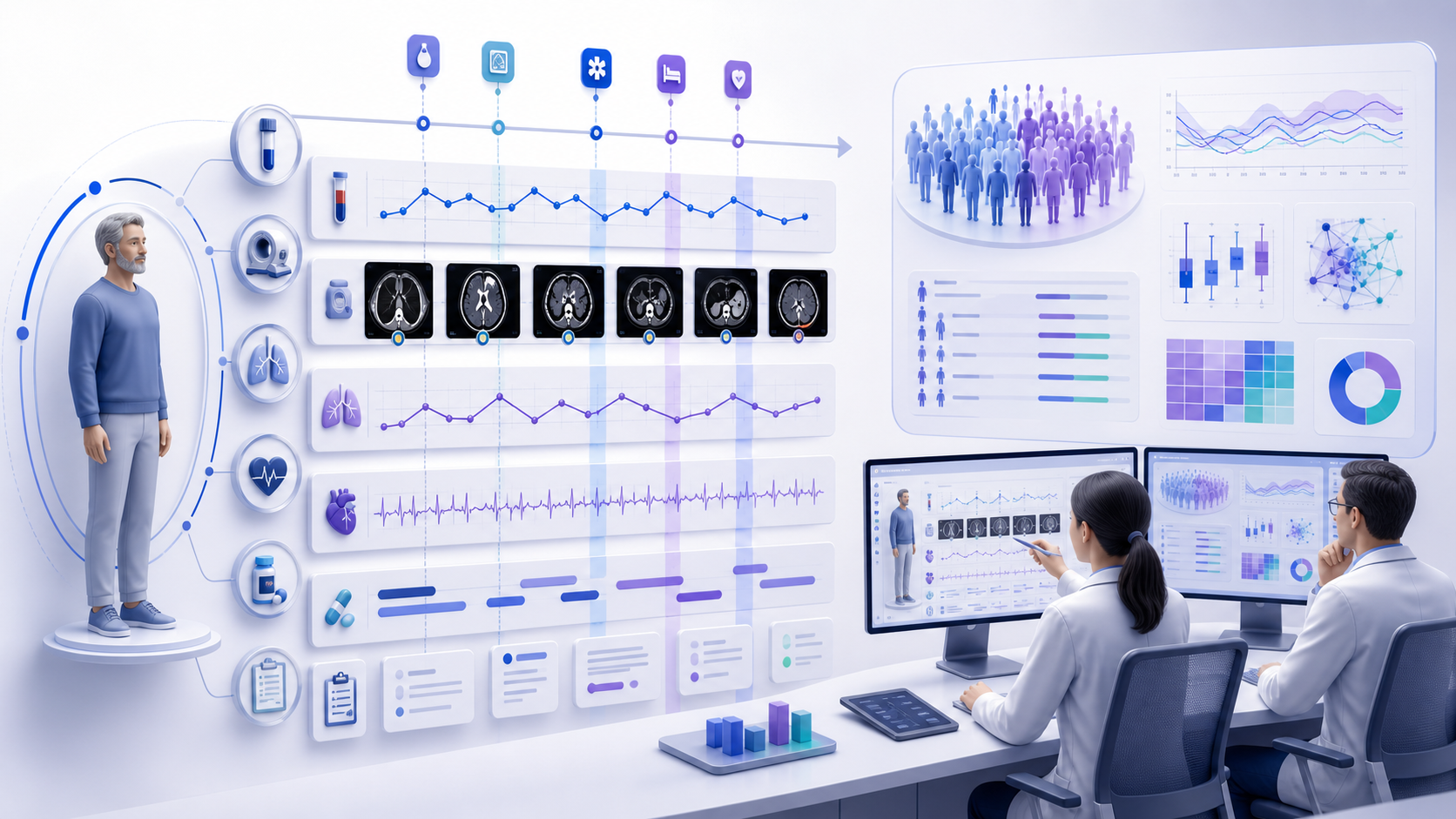 medical analytics workflow connecting healthcare data, analytical review, and clinician oversight