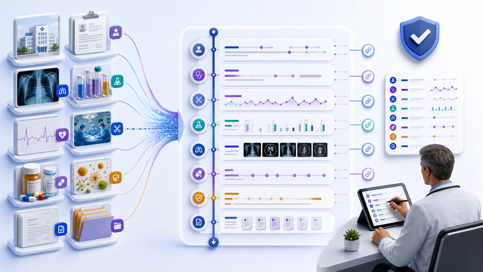 medical record summary workflow connecting healthcare data, analytical review, and clinician oversight